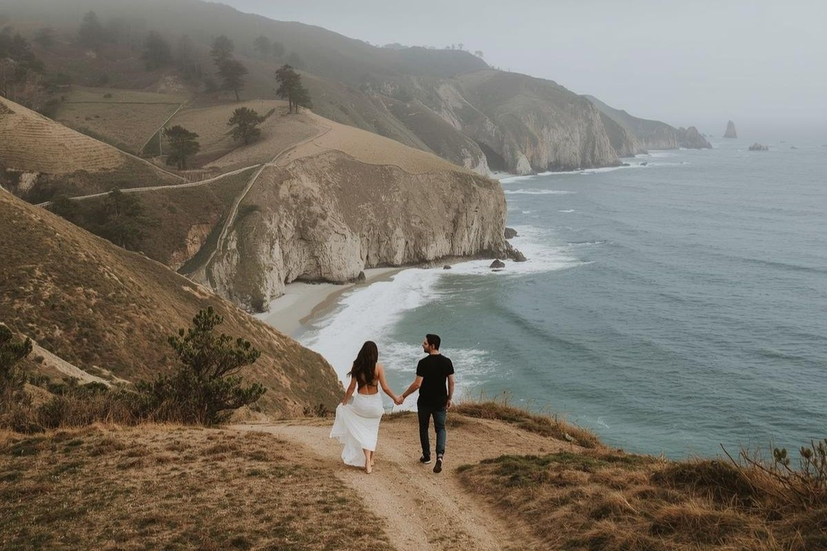 Couple walking along coastal path