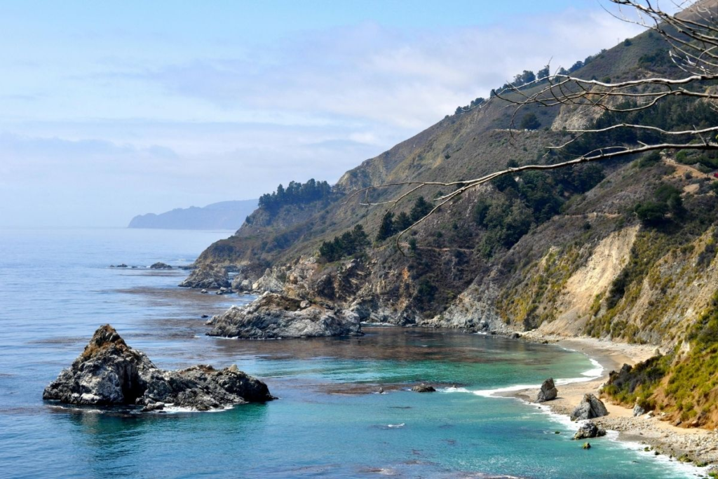 Coastal landscape with rocky shoreline. Big Sur