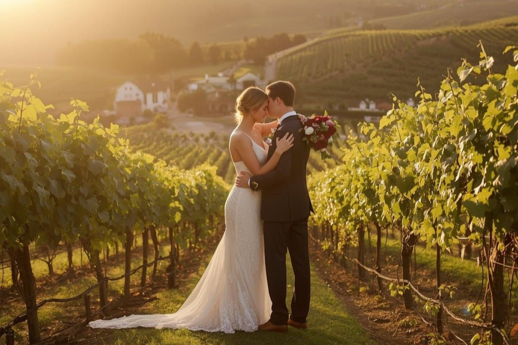 Couple embracing in vineyard at sunset. Napa valley