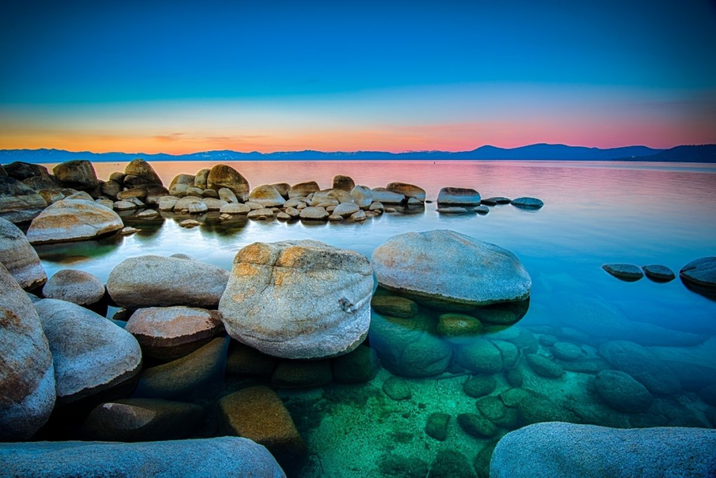 Serene lake with smooth rocks. Lake tahoe