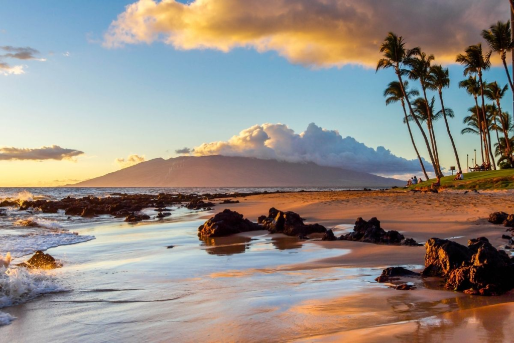A sandy beach at sunset with gentle waves, black rocks on the shore, and tall palm trees. In the distance, a large mountain is partially covered by clouds beneath a colorful sky.