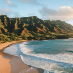 Scenic Hawaiian beach with lush mountains romantic getaway escape