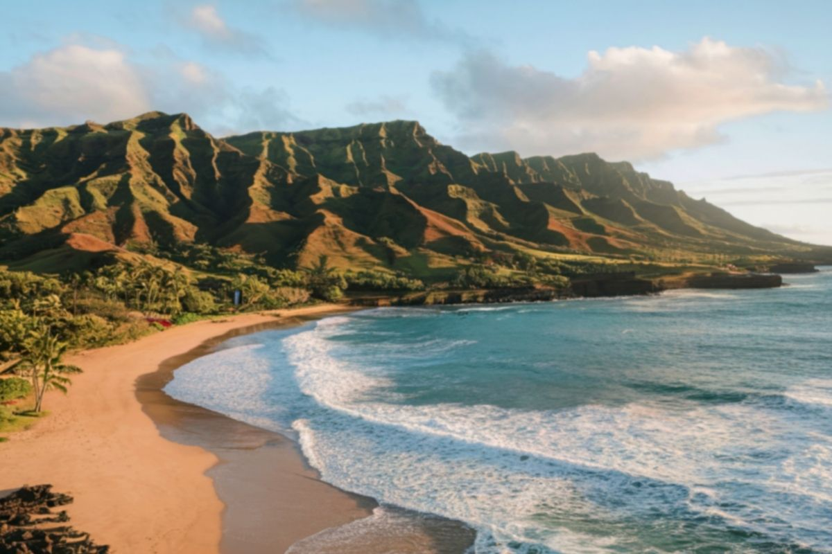 Scenic beach with lush mountains. Hawaii coastline