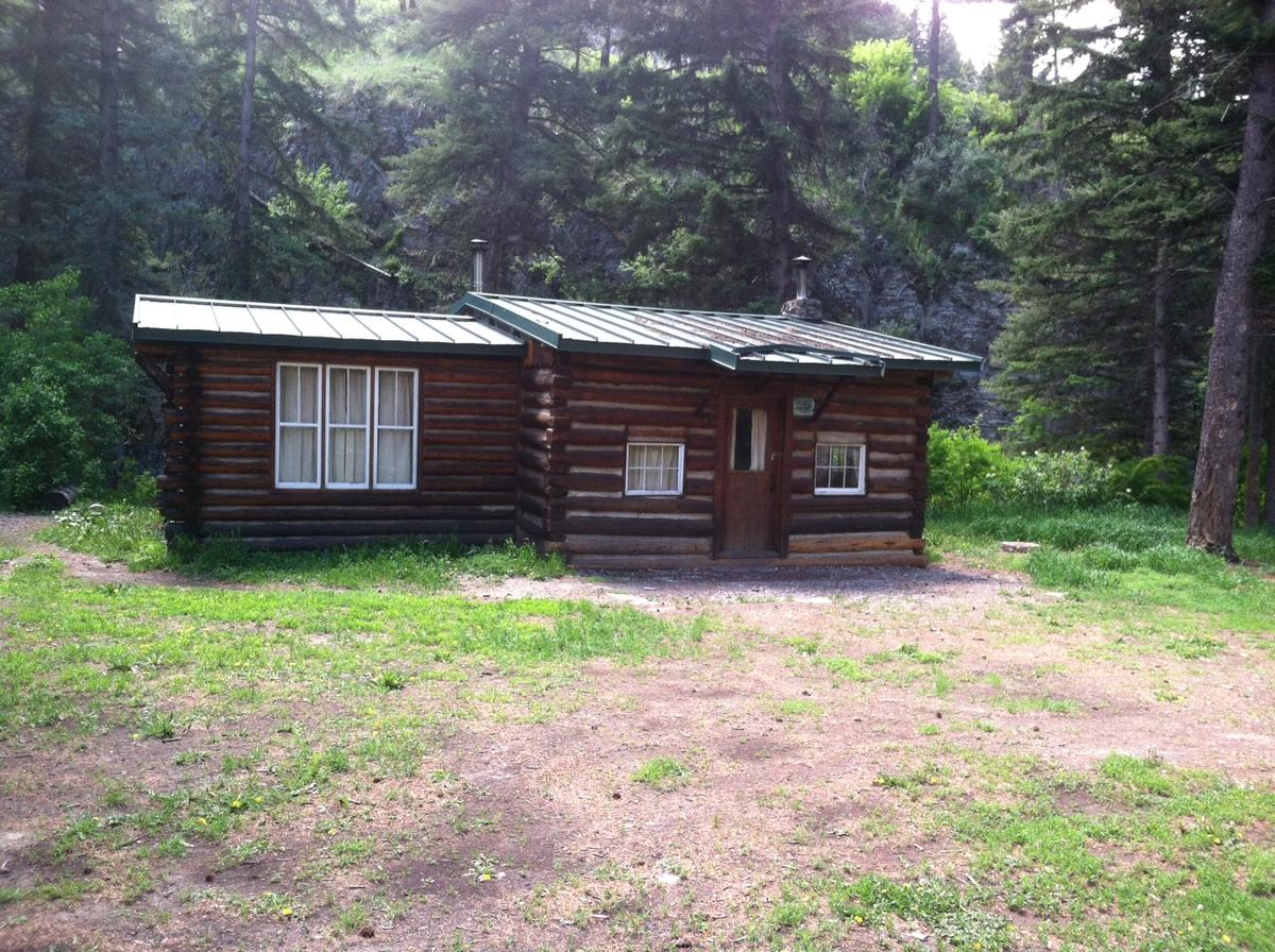 A rustic log cabin surrounded by forest