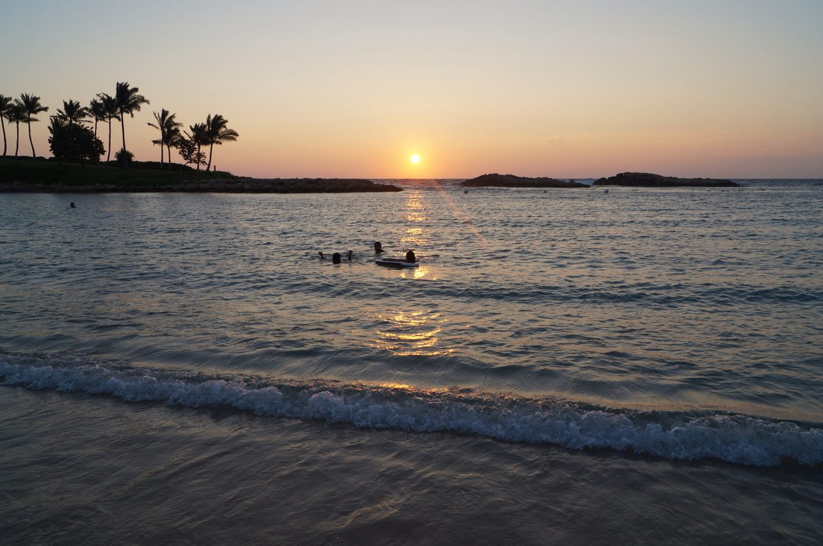 Sunset over a Ko Olina lagoon with palm trees, Oahu, Hawaii