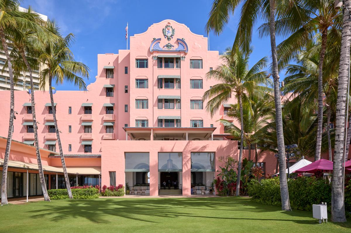 The pink Spanish-Moorish facade of the Royal Hawaiian Hotel in Waikiki, Oahu